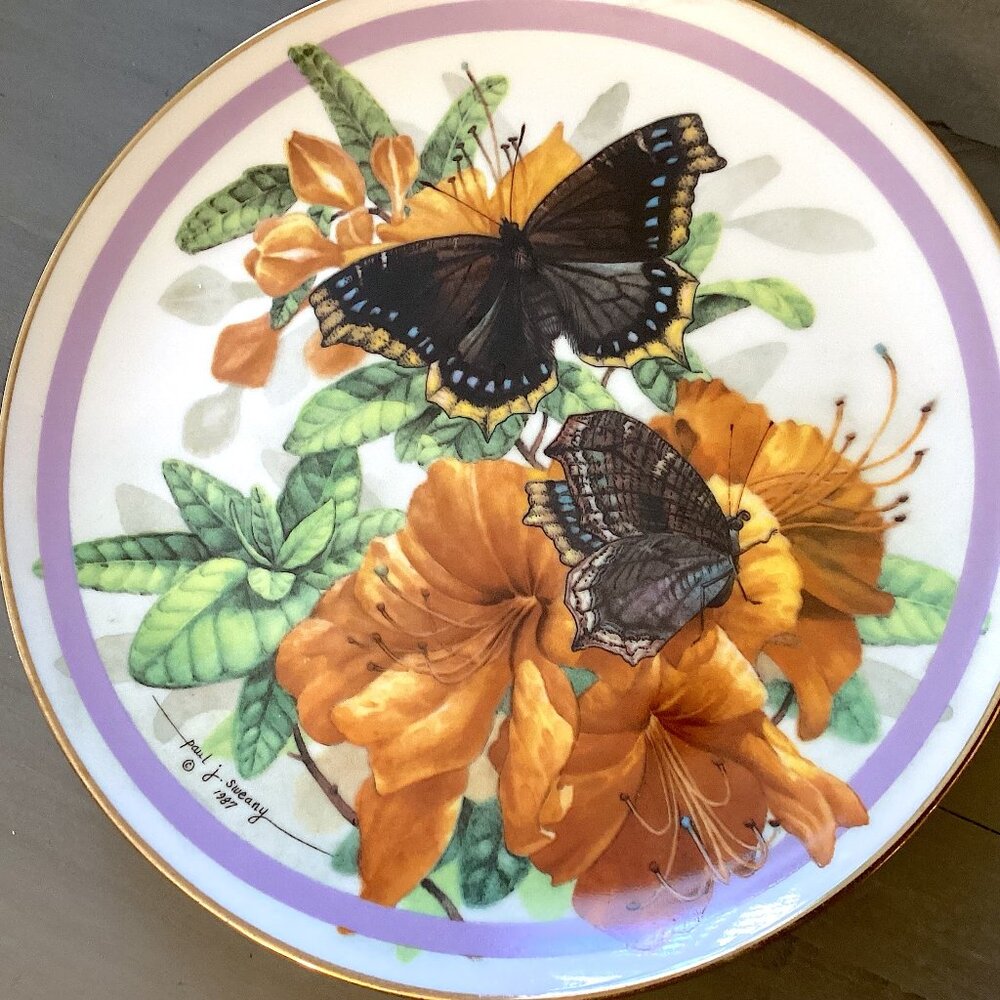 Butterfly Garden Plate, Painted Collectible by Paul Sweany, Vintage Hamilton Co